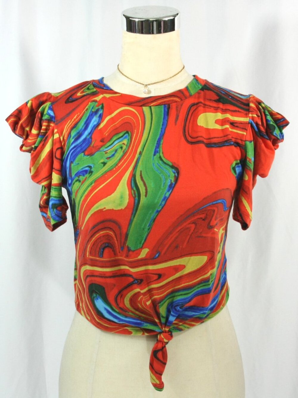 Love J Colorful Oil Paint Swirl Top Puff Princess Sleeve Cropped Top L